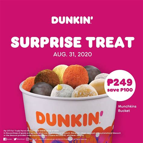 Dunkin Donuts – ₱100 Off Assorted Munchkin Bucket | Dunkin donuts donut flavors, Dunkin donuts ...