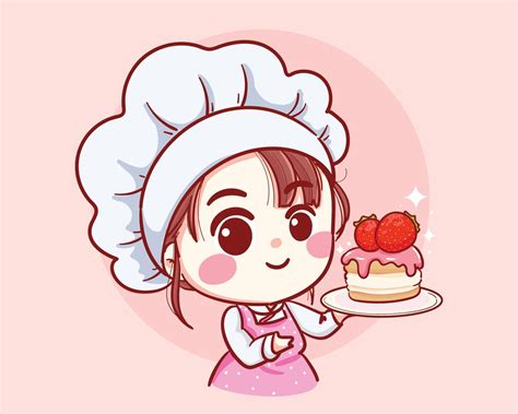 Cute Bakery chef girl Holding a cake smiling cartoon art illustration ...