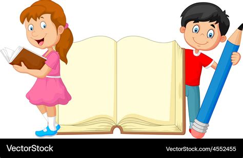 Cartoon kids with book and pencil Royalty Free Vector Image