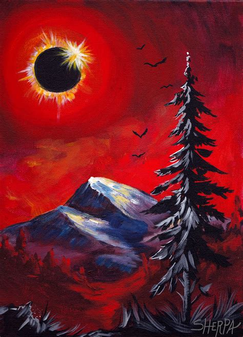 Acrylic Painting of diamond ring Eclipse over mountains with a lone pine tree. This is a Art ...