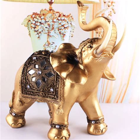 Golden Resin Elephant Statue Lucky Feng Shui Elegant Elephant Trunk ...