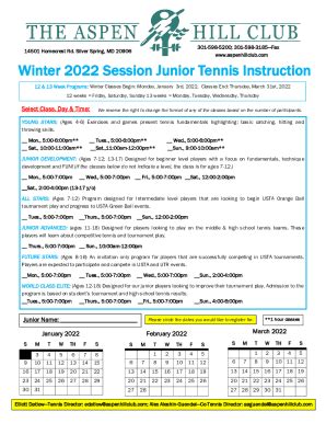 Fillable Online Aspen Hill Club Winter 2022 Junior Tennis Registration ...