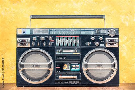 Retro outdated portable stereo boombox radio receiver with cassette ...