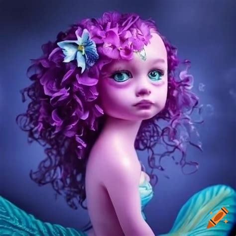 Violet mermaid with water and flowers