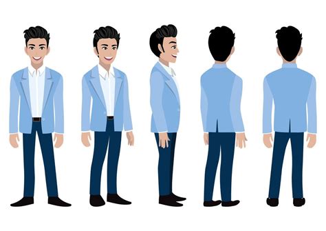 Cartoon character with business man in a blue suit for animation. Front ...