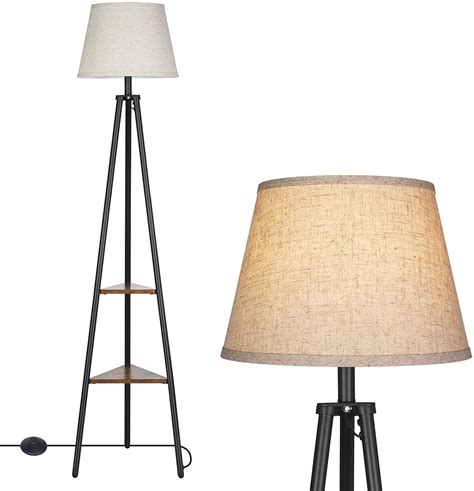 DEWENWILS 65 inch Industrial Tripod Floor Lamp with Shelves, 2-Tier Display Shelf, Light Beige ...