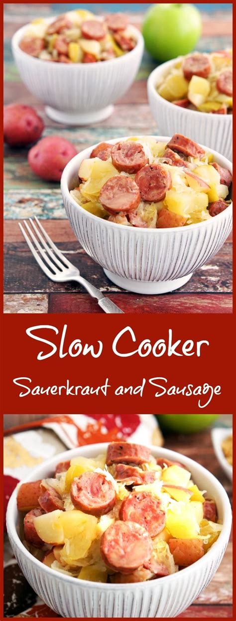 Slow Cooker Sauerkraut and Sausage with Apples and Potatoes | This Mama Cooks! On a Diet™