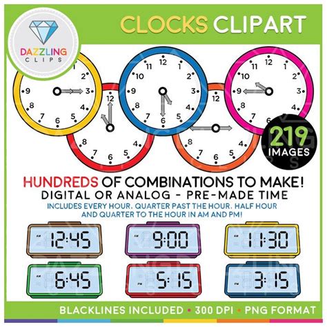 Digital and Analog Clock Clipart Instant Download Educational Clipart Numbers Clipart Clock ...