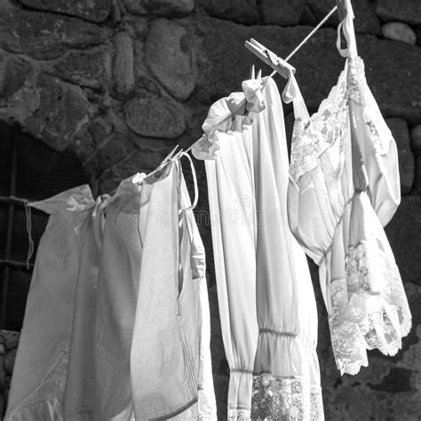 Hanging White Fresh Washed Clothes Stock Photo - Image of cotton ...