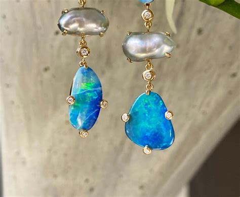 18 Karat Yellow Gold Boulder Opal Keshi Pearl Diamond Drop Dangle Earrings For Sale at 1stDibs