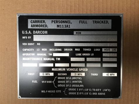 DATA PLATE M113A1