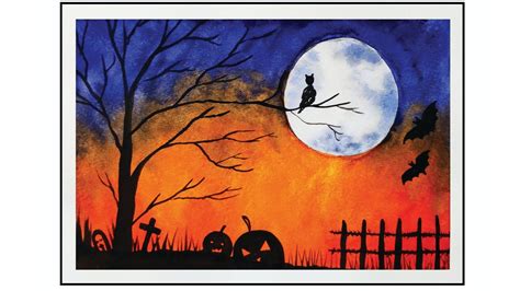 Watercolor Easy Halloween Painting with Contrast Colors | Learn to Paint a Spooky Halloween ...