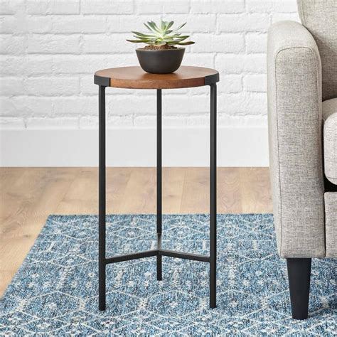 StyleWell Round Black Metal End Table with Haze Finish Wood Top (12 in ...