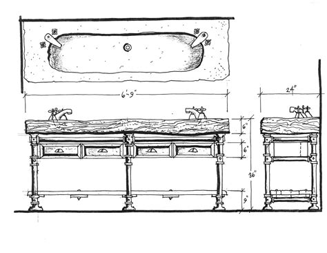 an architectural drawing of a bathroom sink and countertop with two sinks in the center