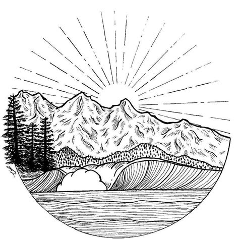 mountains and trees are depicted in this black and white drawing