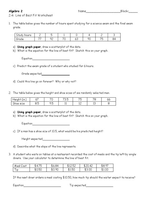 Line of Best Fit Worksheet PDF | PDF | Scatter Plot | Equations - Worksheets Library