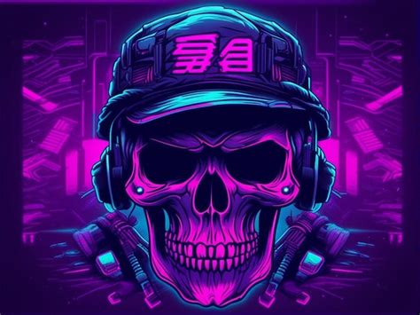 Premium AI Image | A skull with cap and funny type neon wallpaper