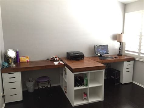 His and hers desk IKEA hack. IKEA base cabinets with custom stained ...