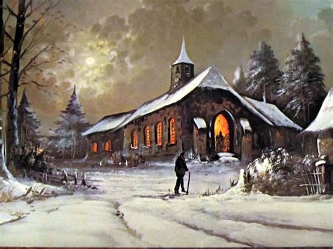 Winter Calm Night Snowy Rustic Church Scene Painting Artwork