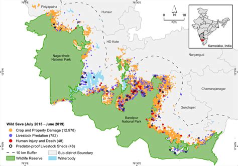 | Map of the Bandipur-Nagarahole region showing incidents of ...