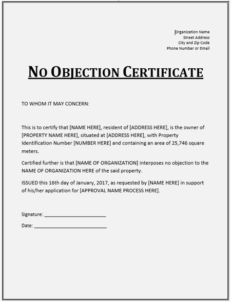 Sample No Objection Certificate | Free Word Templates