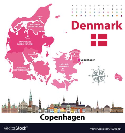 Denmark map and flag with copenhagen city skyline Vector Image