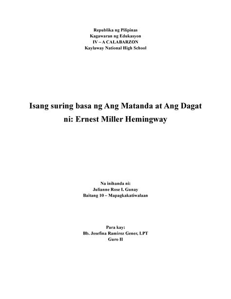 Filipino - Isang suring basa ng Ang Matanda at Ang Dagat ni: Ernest ...