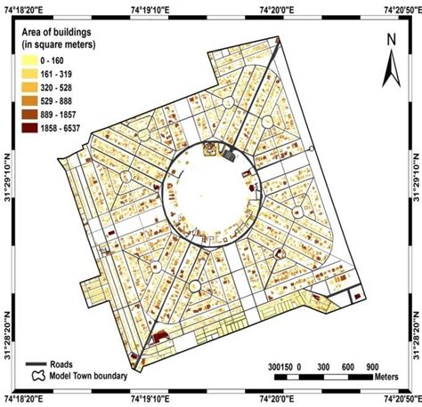 Map showing area of building rooftops in Model Town, Lahore. | Download ...