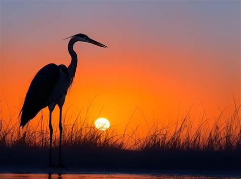 Premium Photo | Sunrise morning silhouette of Great Blue Heron