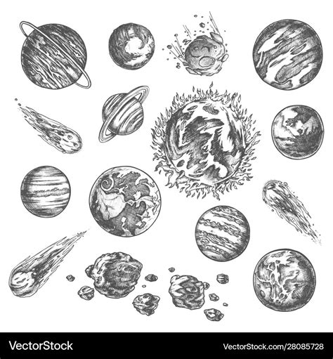 Solar system planets ans asteroids pencil sketch Vector Image