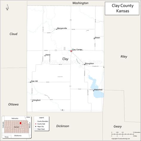 Map of Clay County, Kansas showing cities, highways & important places ...