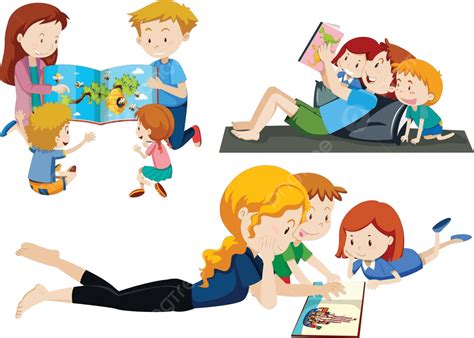 Set Of Parents Reading To Children Male Book Daughter Vector, Male ...