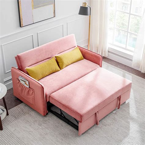 Sleeper Sofa Couch Compact Soft Velvet Sofa Bed Pull-Out Sleeper Sofa 2 in 1 Sofa Bed with 2 ...