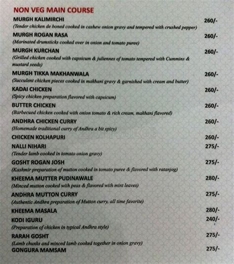 Menu at Pebbles, Hyderabad, 53 Shri Nagar Colony Road