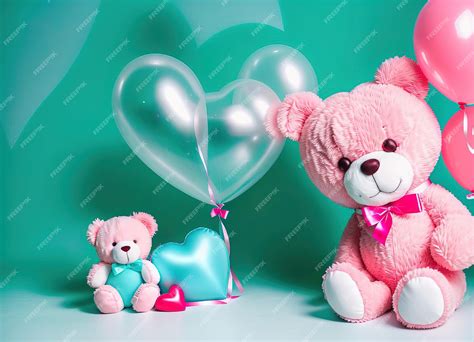 Premium Photo | Pink teddy bear with balloons on a turquoise background generative ai