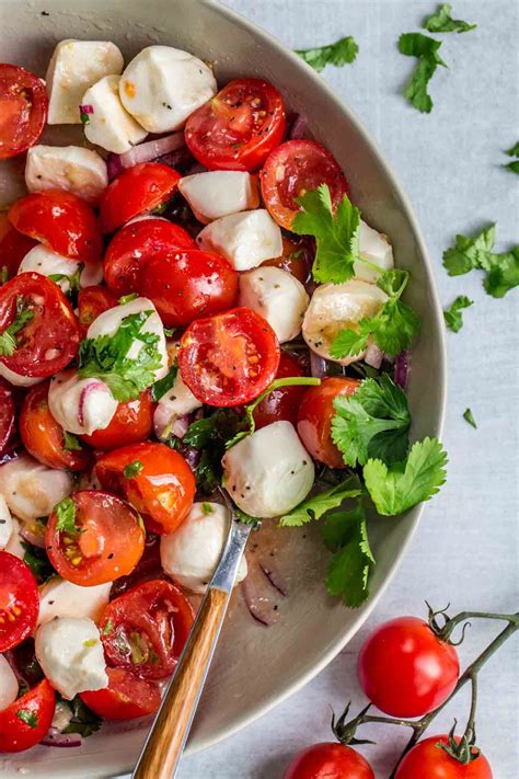 Homemade marinated tomato mozzarella cheese salad recipe. Cherry tomatoes with red onion, cheese ...