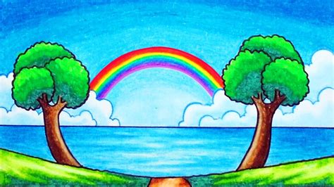 Easy Rainbow Scenery Drawing : How to draw easy and simple scenery for beginners with oil pastels.