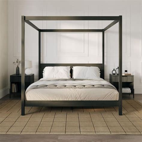 Welwick Designs Minimalist Black Wood Frame King Plank Canopy Bed HD9870 - The Home Depot