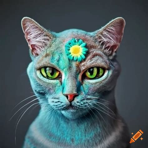 Digital art of a colorful cat with a daisy-shaped head