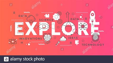 Explore word abstract thin line vector illustration with innovation science symbols, scientific ...