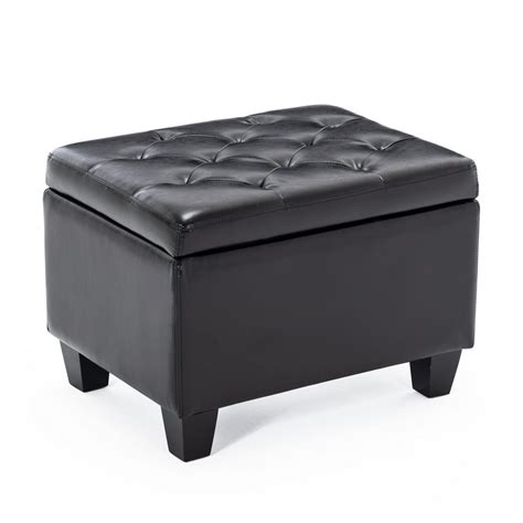 BELLEZE Upholstered Tufted Faux Leather Rectangle Storage Ottoman Foot Rest Stool, Black ...