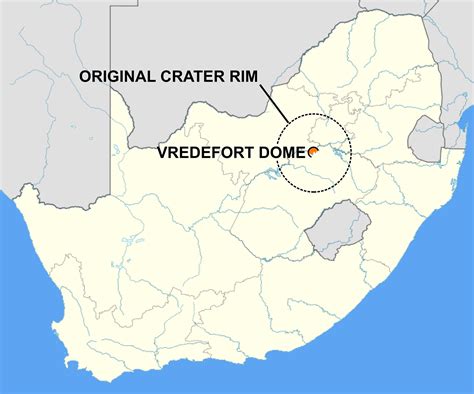 Map of South Africa showing the location of the Vredefort Dome, the remains of a 2.023-Ba-old ...