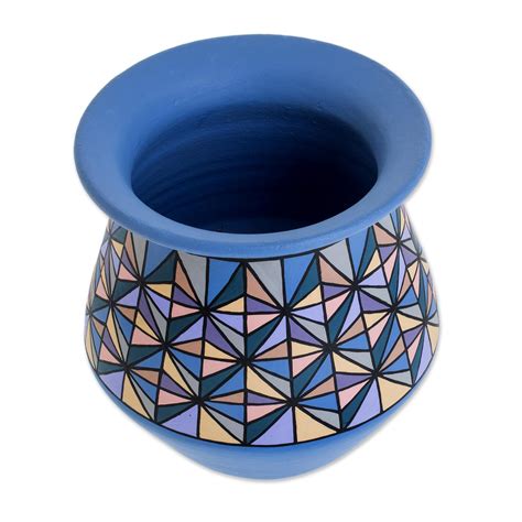 Hand-Painted Geometric Ceramic Decorative Vase in Blue - Beautiful Geometry | NOVICA