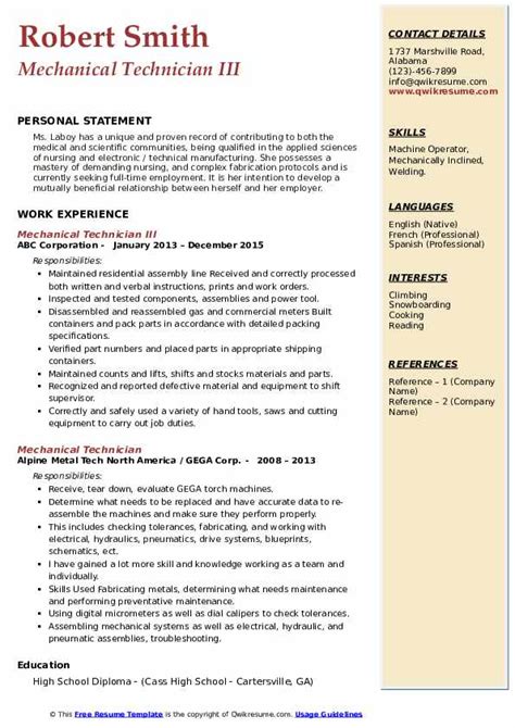 Mechanical Technician Resume Sample