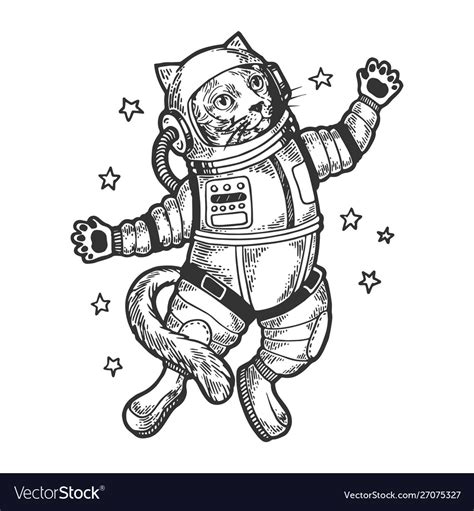 Cartoon cat astronaut sketch engraving Royalty Free Vector