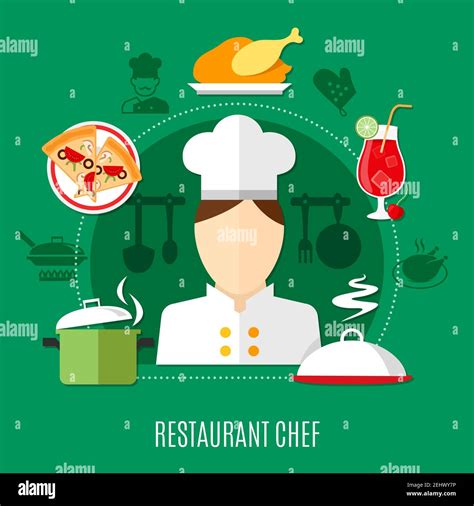 Flat design restaurant chef concept with culinary icons on green background vector illustration ...