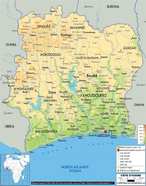 Large physical map of Ivory Coast with roads, cities and airports ...