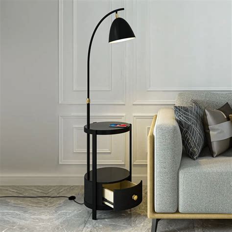 Modern Black End Table Floor Lamp with Shelves and Table and Drawer LED