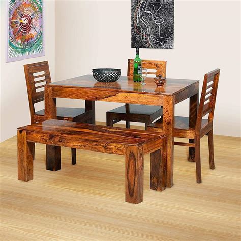 Unique Furniture Wooden Solid Sheesham Wood Dining Table 4 Seater | Dining Table Set with 3 ...