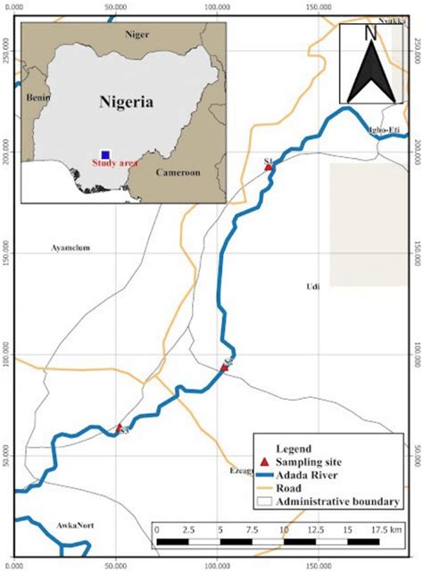 Map of River Adada indicating sampling stations. Station A (upstream or ...